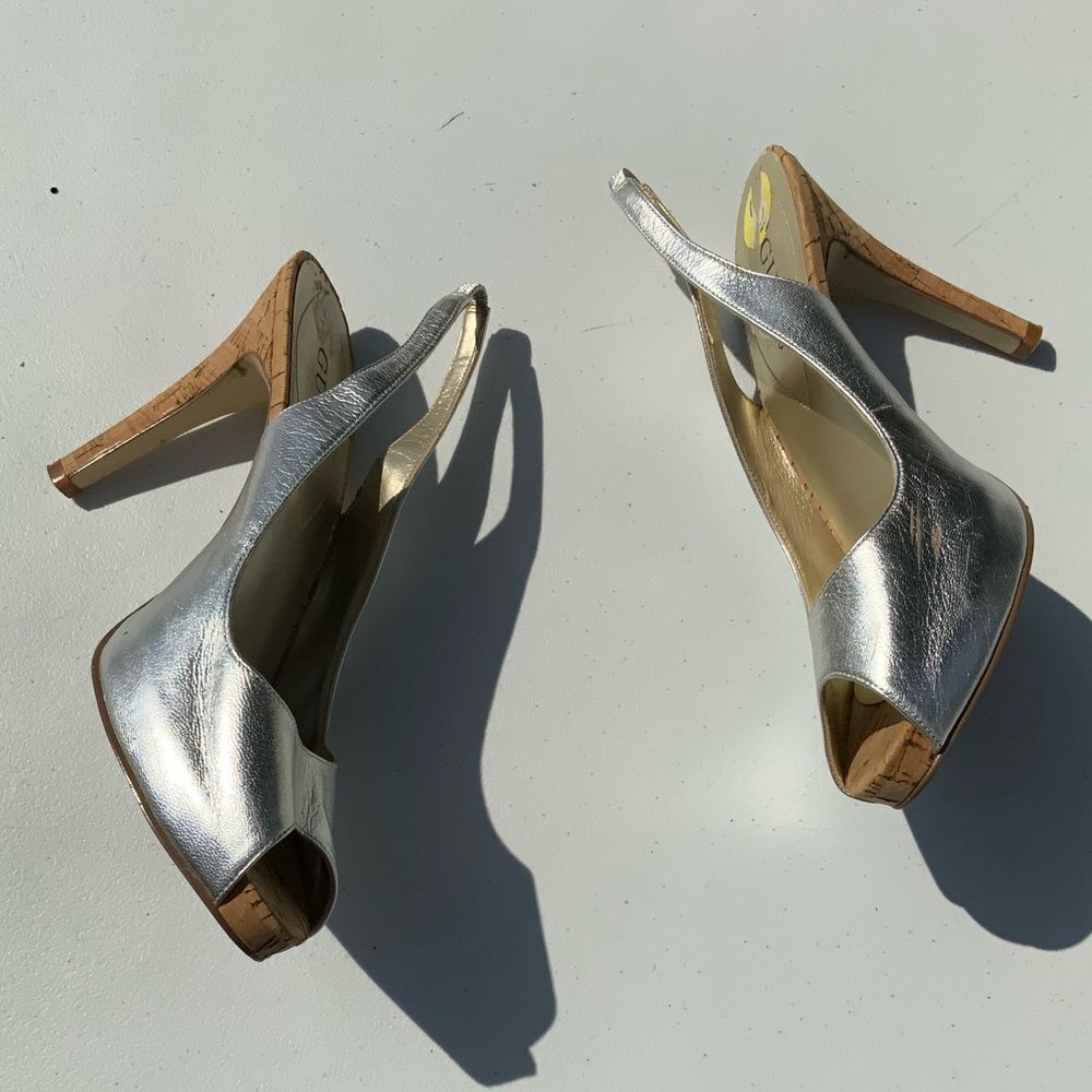 Guess Silver Peep-Toe Slingback Heels